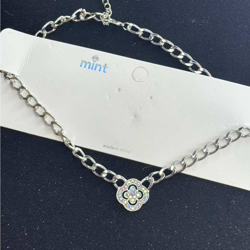 Mint Silver Tone Iridescent Crystal Clover Link Necklace 16-18 inch